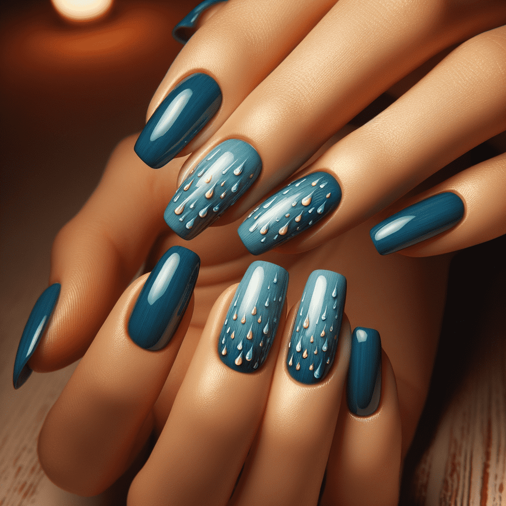 Blue almond-shaped nails with a glossy finish and some nails featuring silver glitter accents.