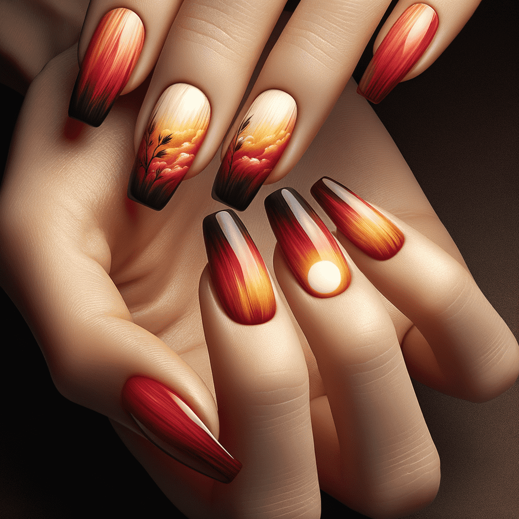 Alt text: A set of hands with long nails featuring a fiery ombre design that transitions from deep red at the base to yellow at the tips, giving the impression of flames.