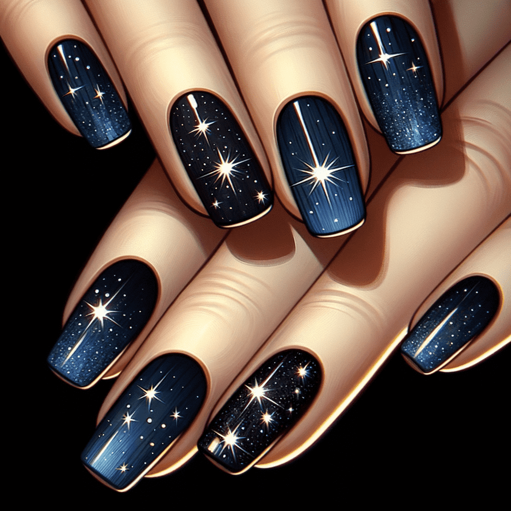 Alt text: A set of hands with nails painted in a dark blue night sky design, featuring intricate white stars and shimmering cosmic details, creating a celestial theme.