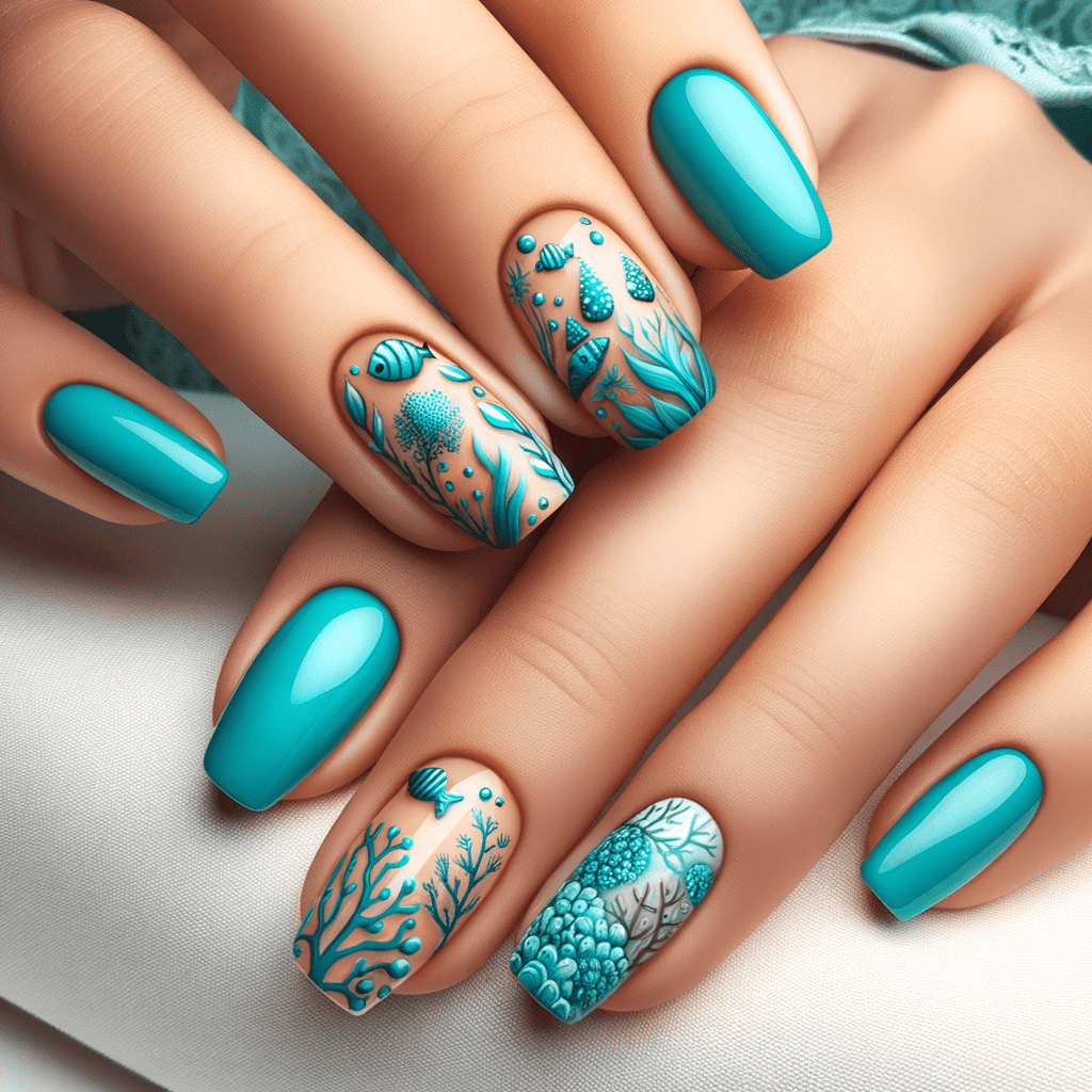 Alt text: A hand with nails painted in a glossy turquoise shade, featuring detailed aquatic-themed nail art with motifs of coral, sea plants, and bubbles on accent nails.