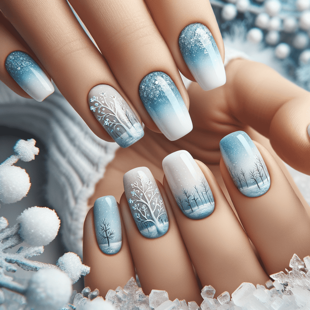 Alt text: A close-up of a hand with nails painted in a winter theme showing a gradient from white to blue, featuring delicate snowflake and tree designs, evoking a snowy landscape.
