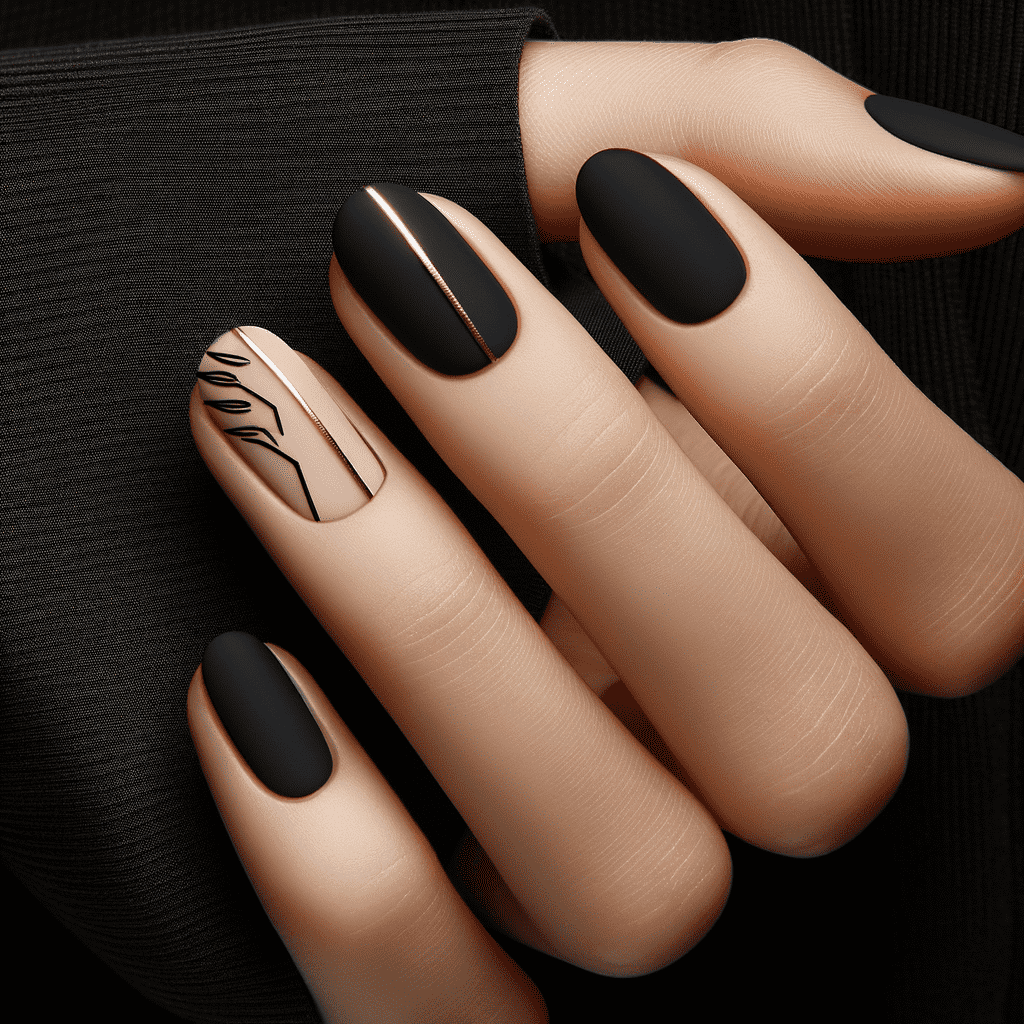 Matte black nails with a single accent nail featuring gold line art on a hand against a dark background.