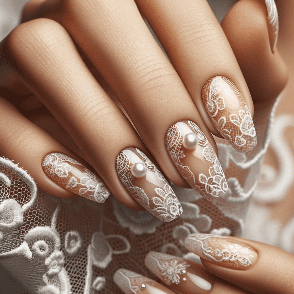 A close-up of a hand with nails manicured in a lace design with pearl embellishments.