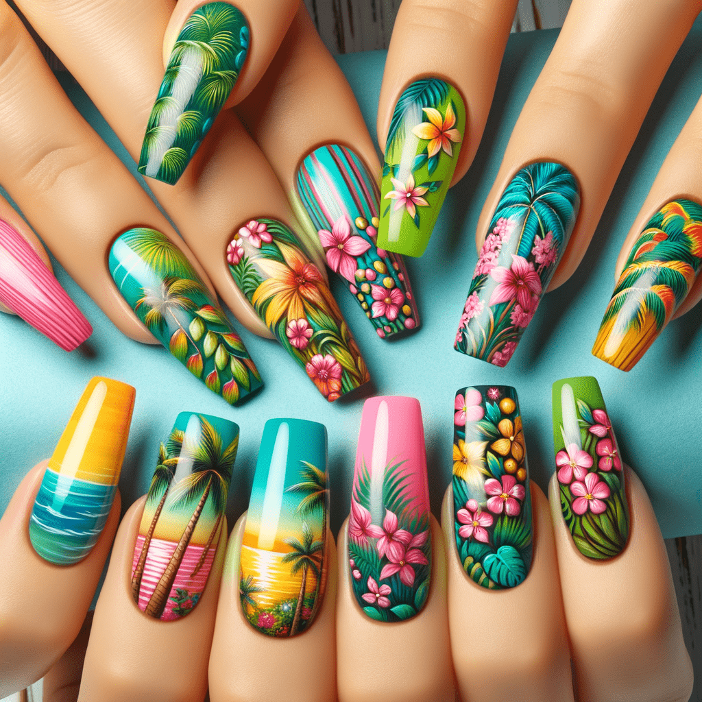 Alt text: A set of brightly colored nails with intricate tropical designs, featuring palm trees, flowers, and gradient patterns evoking a beach paradise atmosphere.