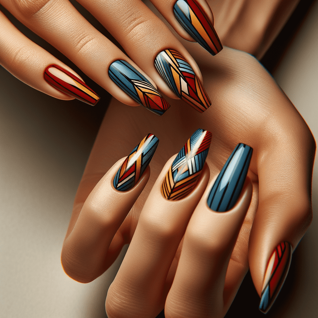 Alt text: A close-up image of hands with nails featuring an intricate geometric design, with a combination of red, blue, white, and black lines creating an elegant pattern on a glossy finish.