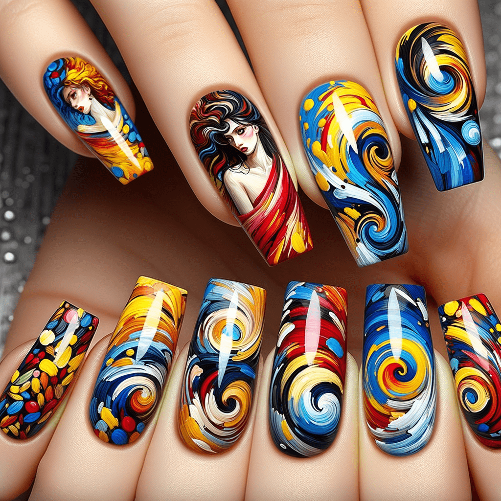 Artistically painted fingernails featuring a Vincent van Gogh "Starry Night" inspired design with swirling blues and yellows, and two nails with detailed images resembling female figures from classical paintings.