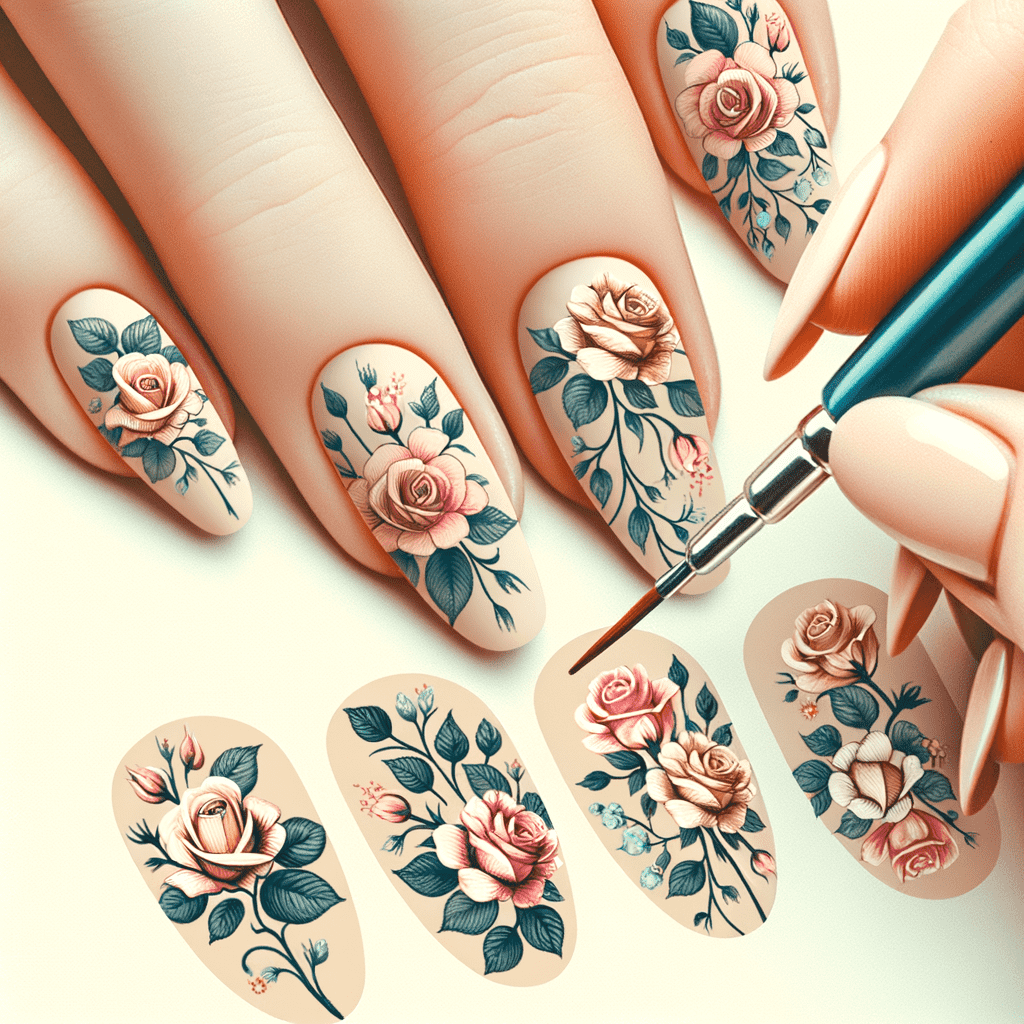 A hand displaying nails with intricate rose designs being painted with a fine brush, showcasing detailed artistry and elegance against a cream background.