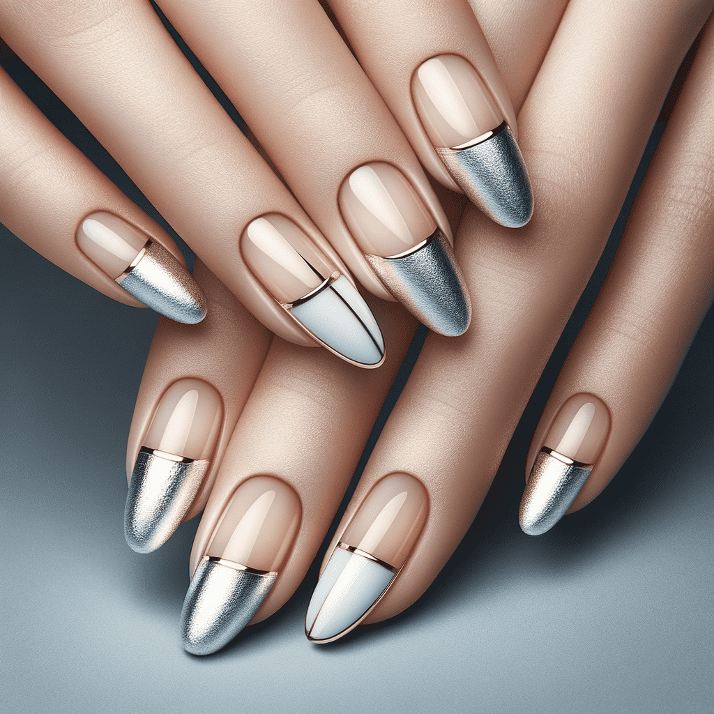 Alt text: Elegant nail design featuring long, almond-shaped nails with a combination of nude and metallic silver polish, accented by a thin, horizontal silver stripe near the tips.