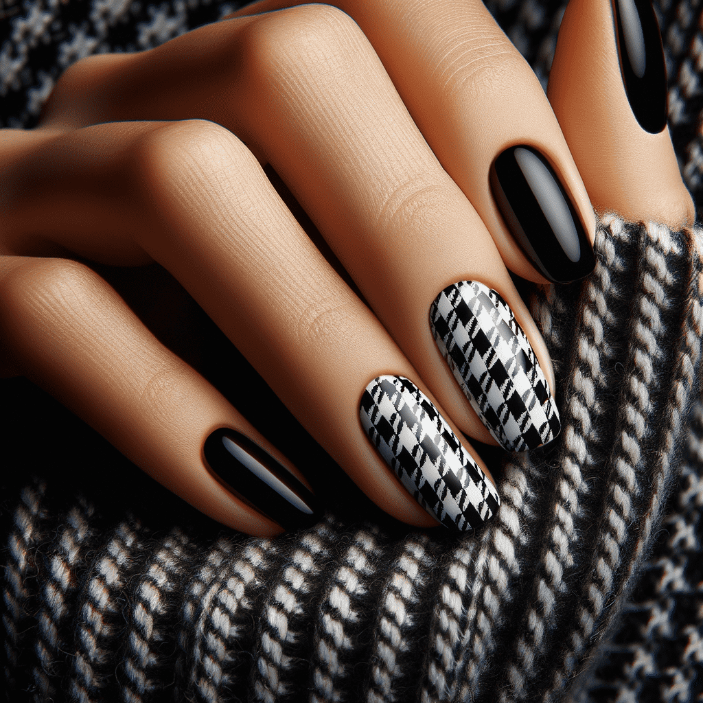 Alt text: Close-up of a hand with manicured nails featuring a black and white checkered pattern on two fingers and glossy black polish on the others, resting on a gray knitted sweater.