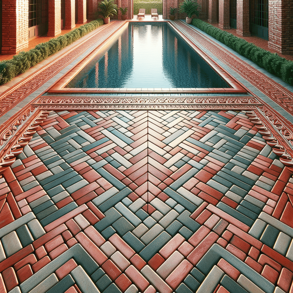 A symmetrically designed pool deck with intricate brickwork patterns leading to a long, narrow rectangular swimming pool, flanked by red brick columns and green hedge walls.