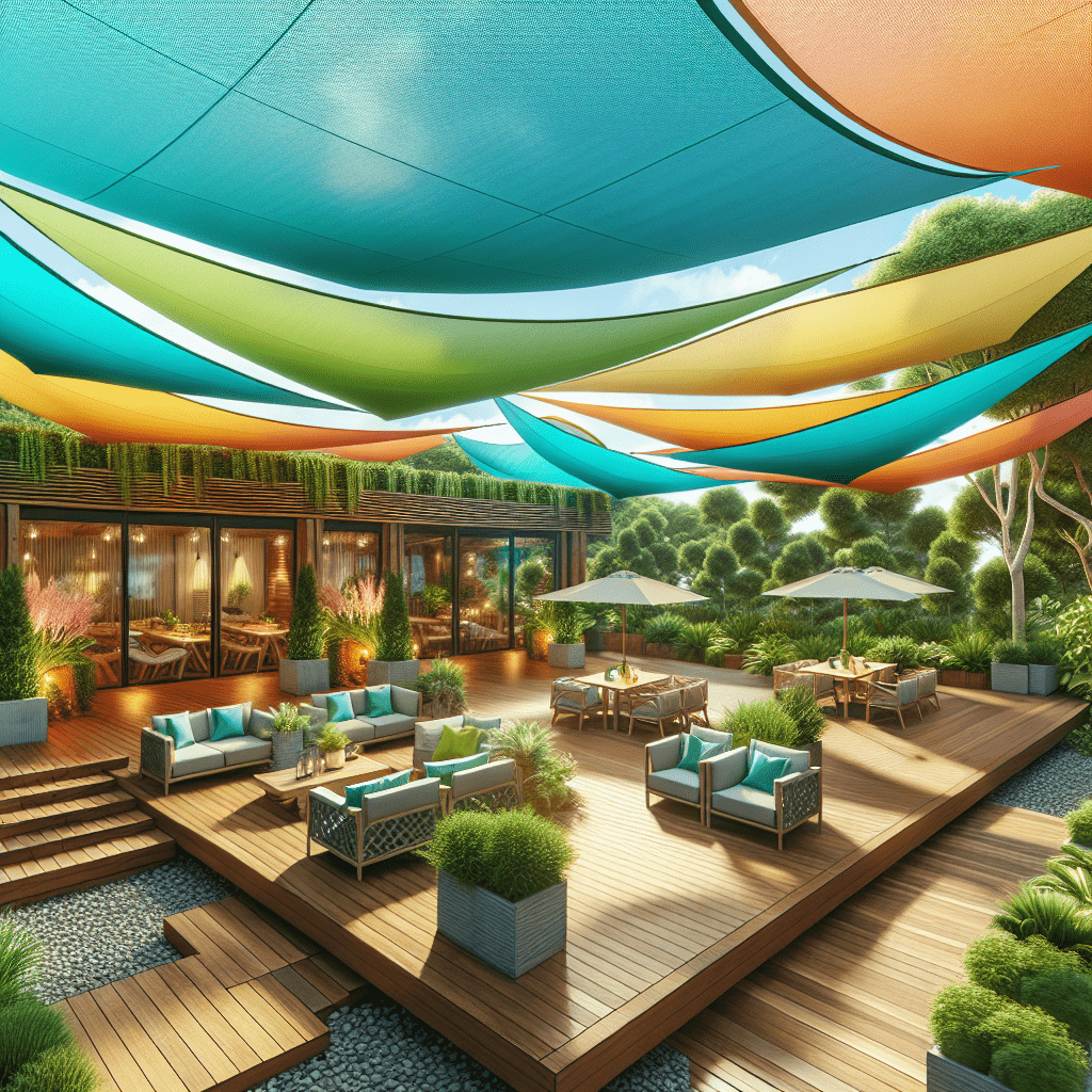 Lush pool deck with vibrant overhead canopies, surrounded by greenery, featuring cozy seating areas, wooden flooring, and umbrella-shaded loungers.