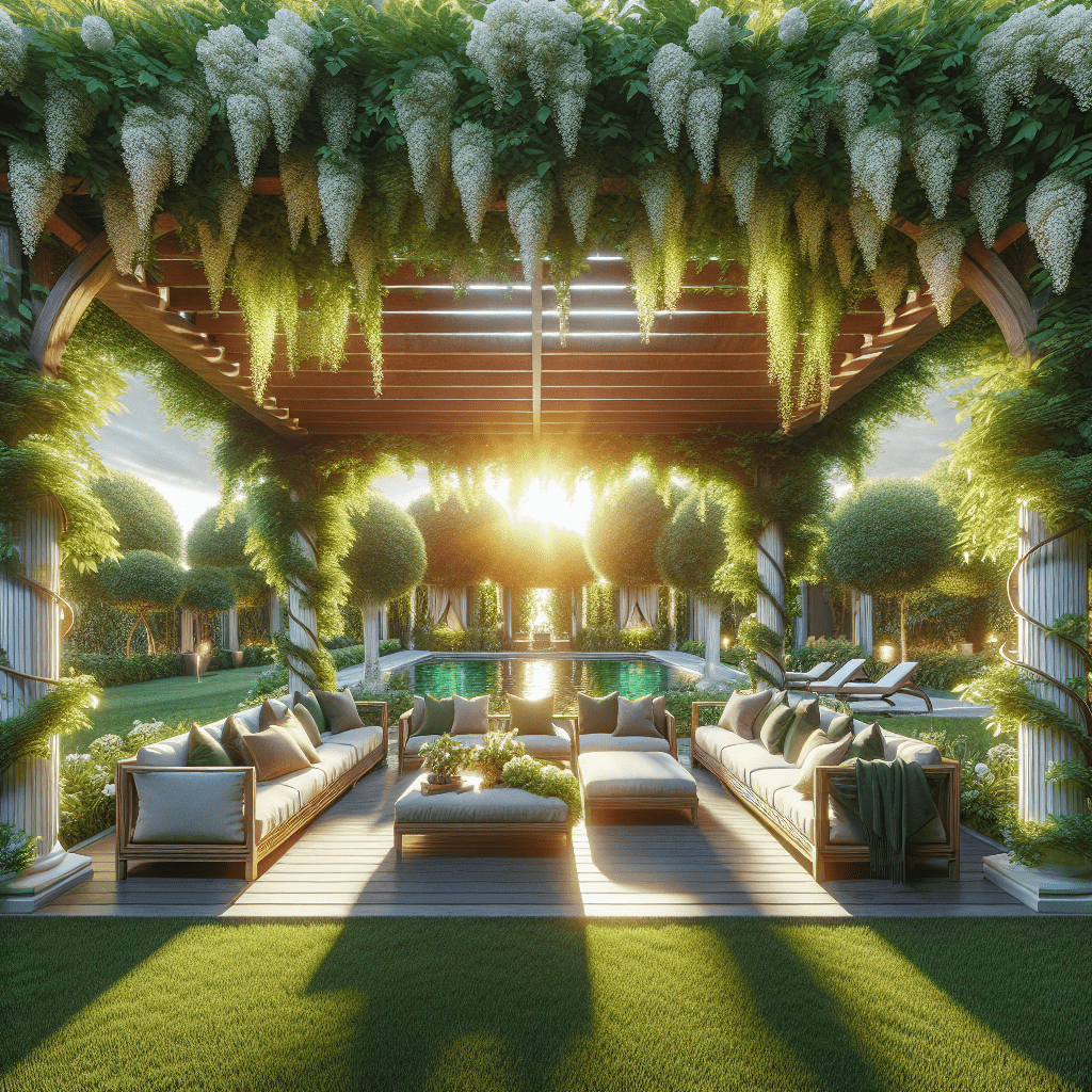 A luxurious pool deck with plush seating surrounded by lush greenery and hanging plants, with the sun setting in the background, casting a warm glow.