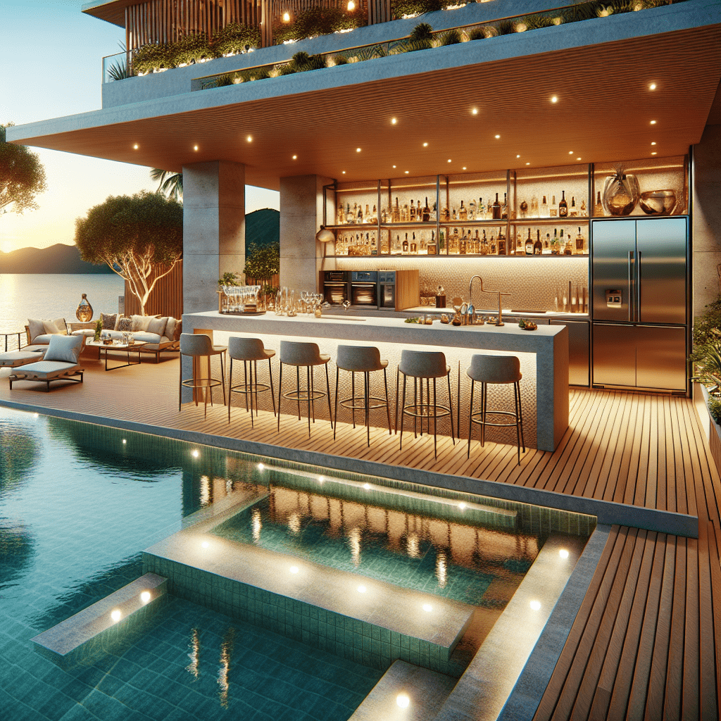 A luxurious poolside deck with an outdoor bar and kitchen, bar stools, and a lounging area overlooking a tranquil body of water at dusk.