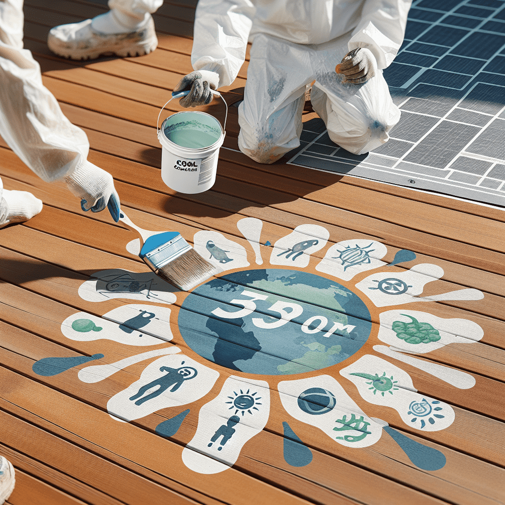 Alt text: An illustrated mural is being painted on a wooden pool deck. The design features a central blue circle with white text "3:50m" surrounded by stylized rays in various colors each containing white icons representing pool activities and equipment. Two people in white protective suits are on their knees applying paint and finishing touches.