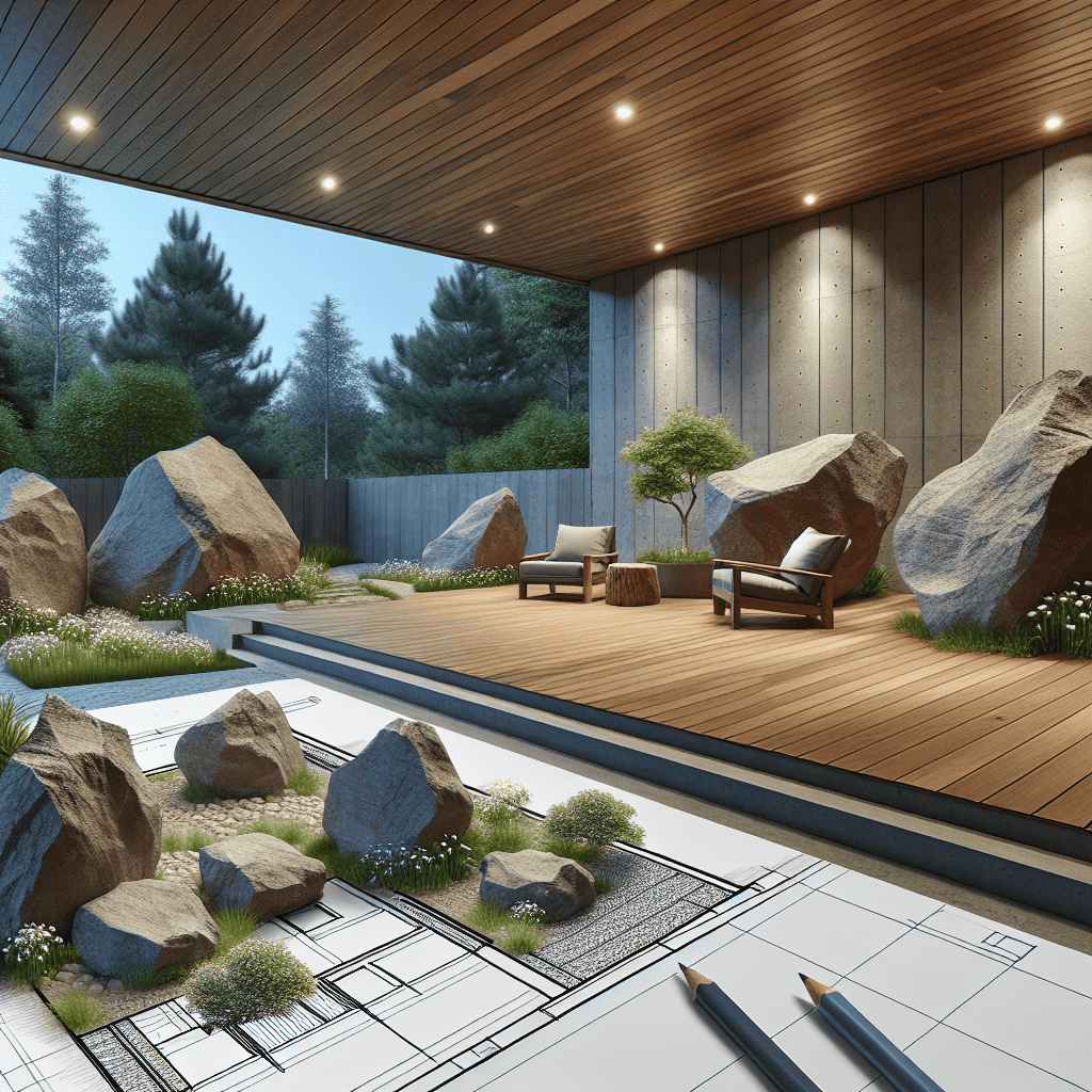 A conceptual design of a modern pool deck with wooden flooring, surrounded by large rocks, lush greenery, and a wall, with architectural plans in the foreground.