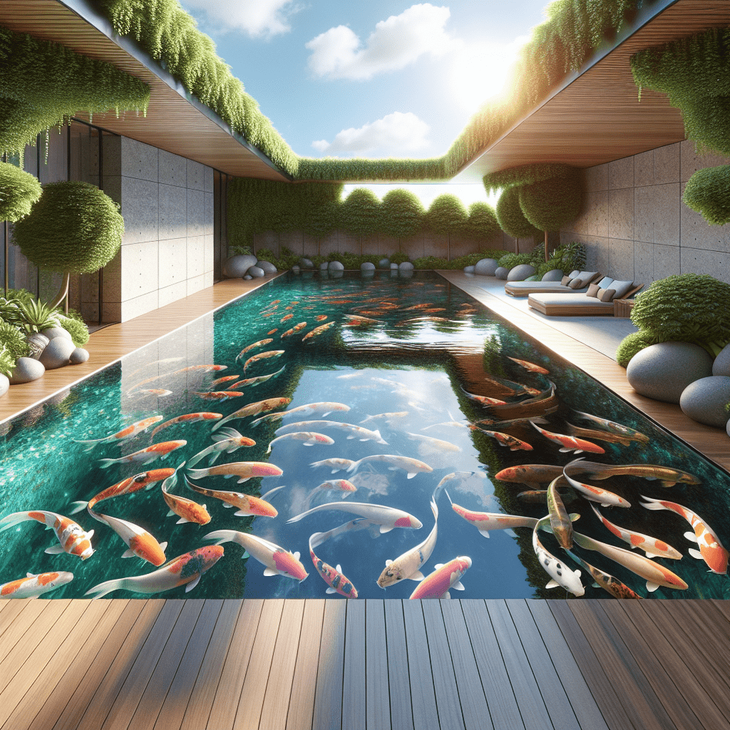 An extravagant pool deck design with a clear bottom swimming pool offering a view of koi fish beneath. The deck is flanked by lush green walls and modern lounge areas under a clear blue sky.