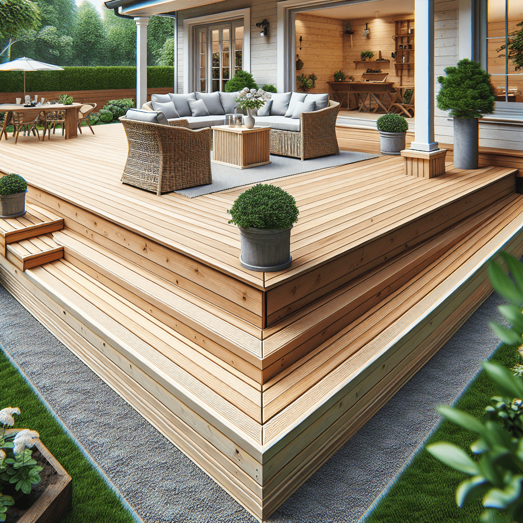 An elegantly designed multi-level wooden pool deck with integrated planters and built-in bench seating, complemented by a cozy outdoor lounge area featuring plush furniture and leading to an adjacent covered dining space.