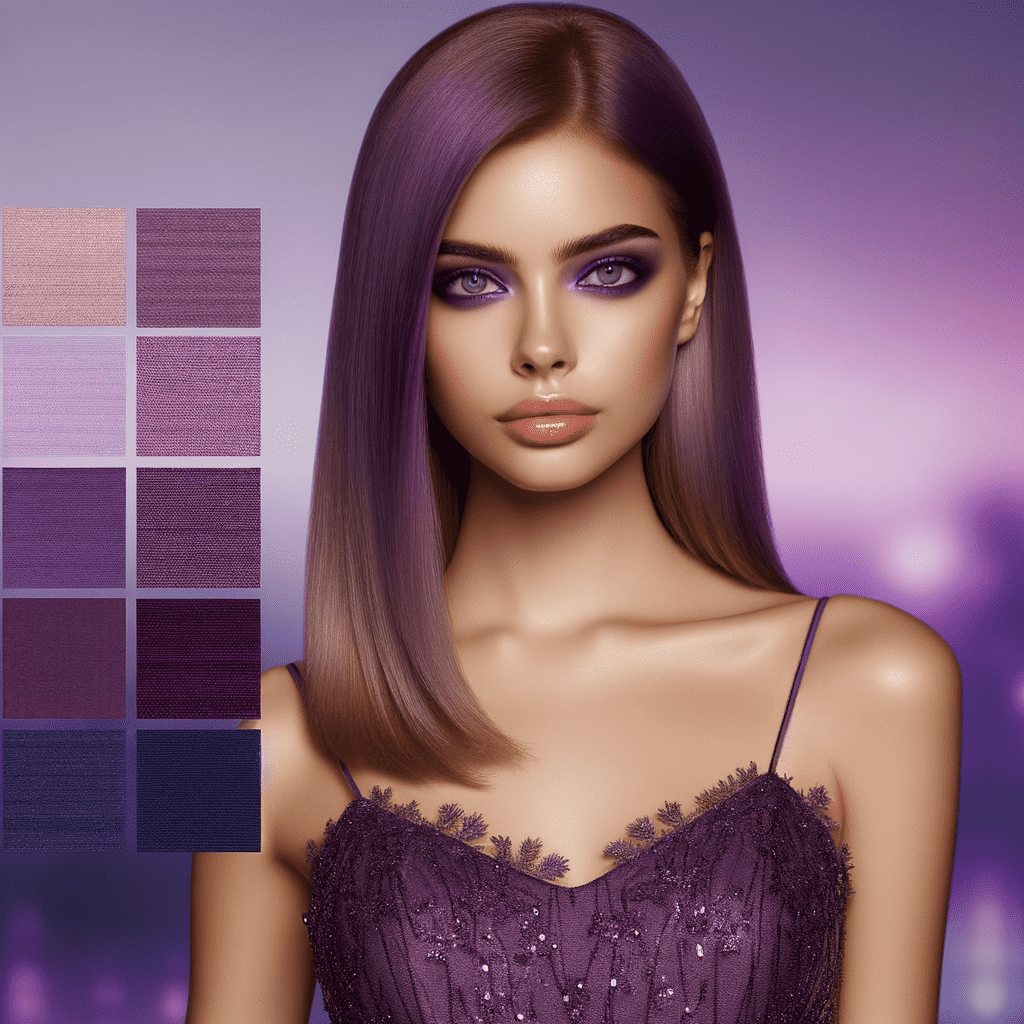 Alt text: Illustration of a woman with sleek purple hair accompanied by a palette of various purple shades to her left, matching her hair and eye color, against a purple background.