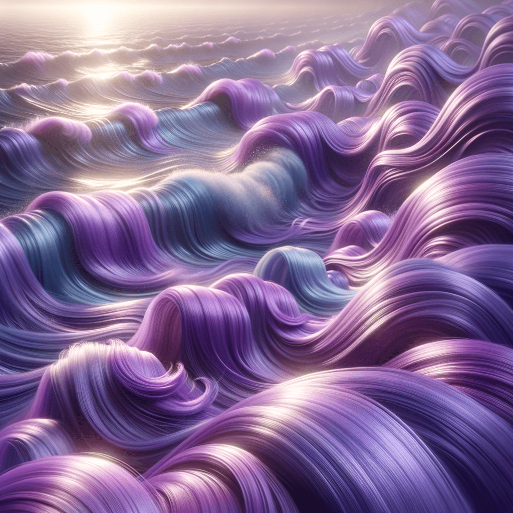 Digital art of stylized waves in shades of purple and blue, resembling flowing hair, with a backdrop of a sunset over the ocean.