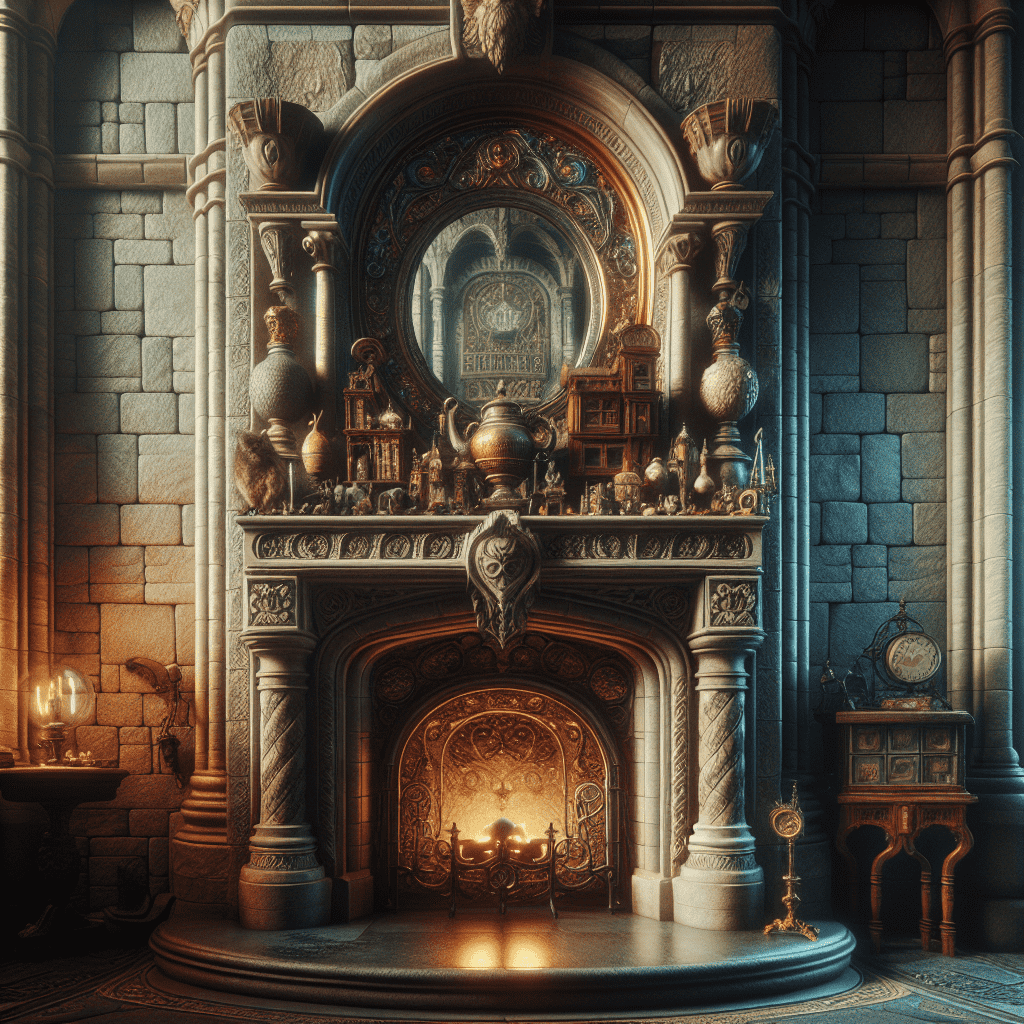 An intricately designed stone fireplace in a room with castle-like features, adorned with elaborate metalwork, vases, and candle holders, giving off a historic and luxurious ambiance.