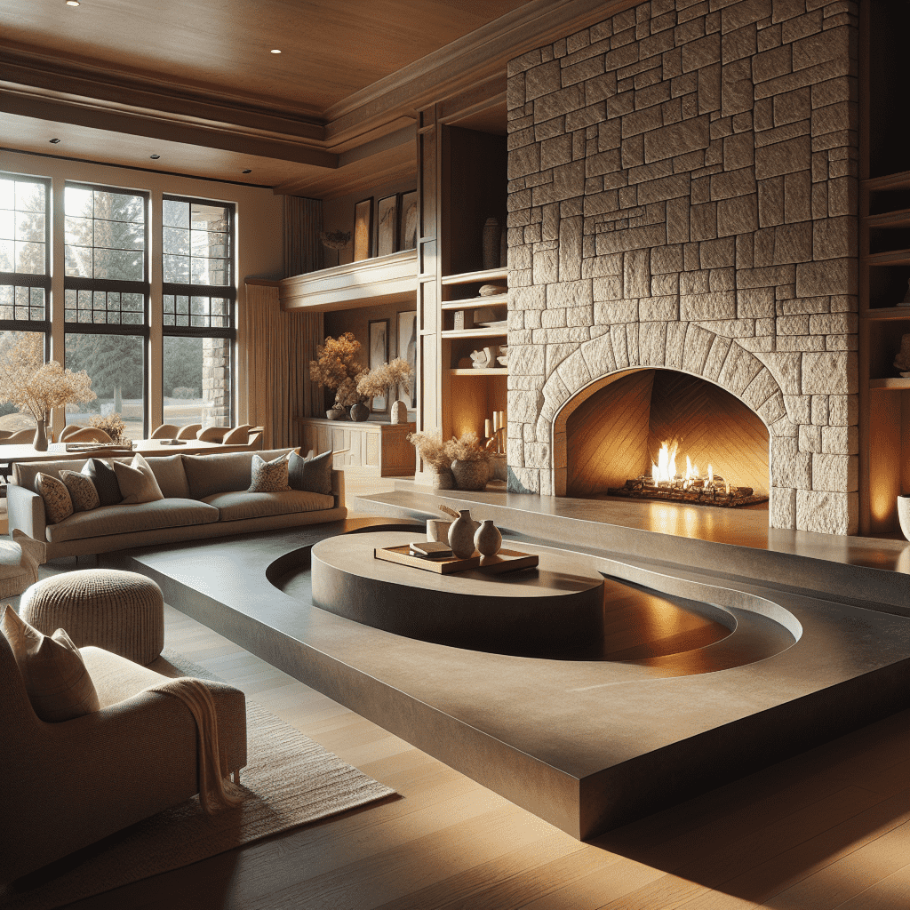 Alt text: A luxurious living room featuring a large stone fireplace with a burning fire, surrounded by a circular built-in seating area. The room has wooden shelves and floor-to-ceiling windows, providing a warm and cozy atmosphere.