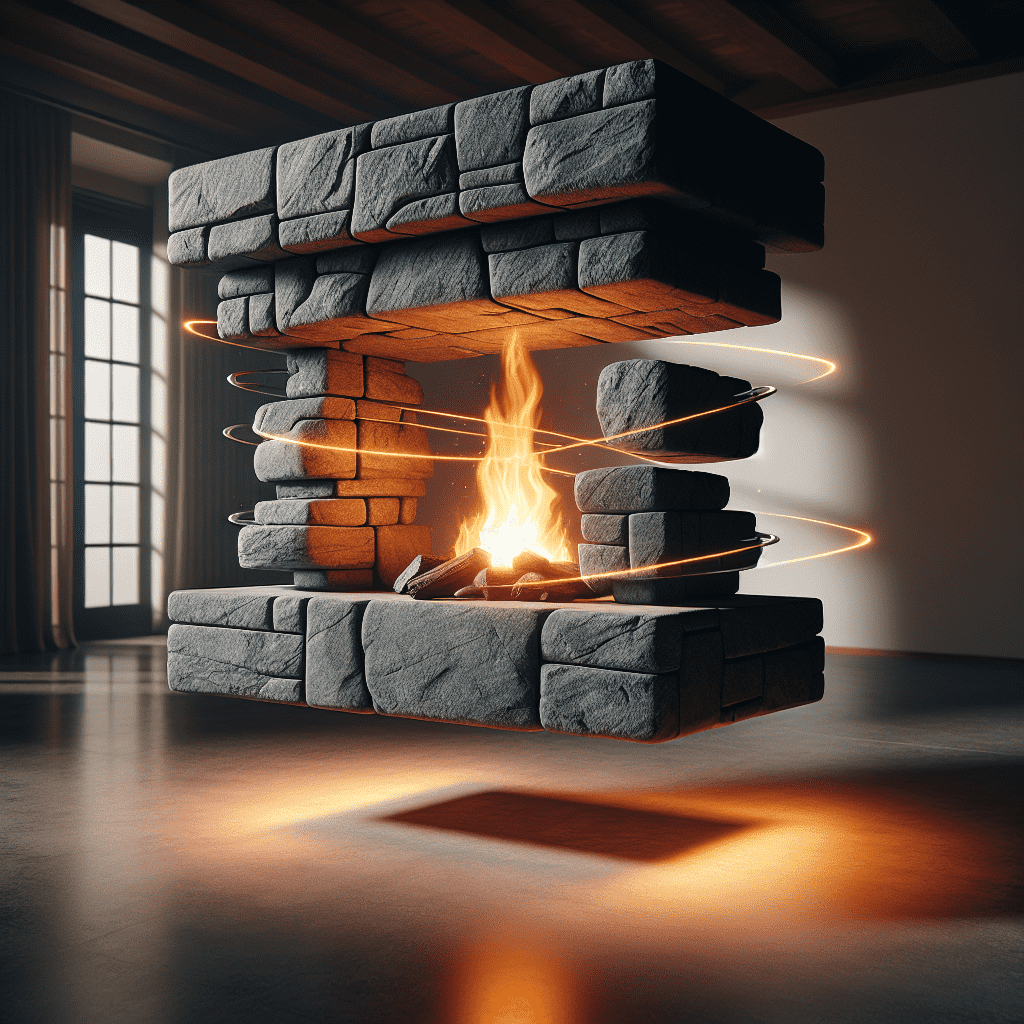 A modern stone fireplace with a roaring fire, featuring unique circular lighting elements integrated within the structure, set against a dark floor and white walls in a contemporary interior setting.