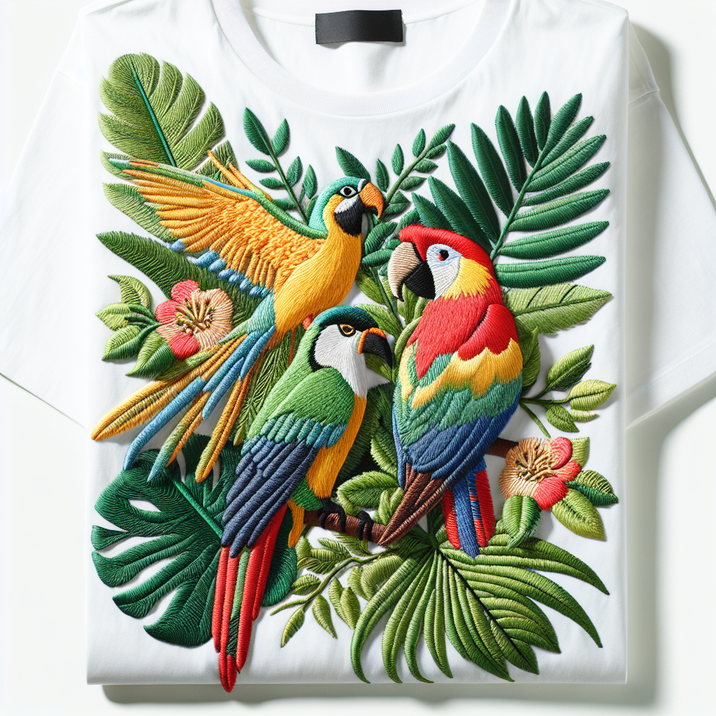 Embroidery of tropical parrot on a t-shirt