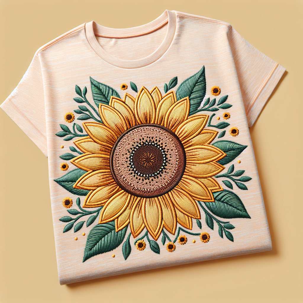 Embroidered sunflower design on a t-shirt