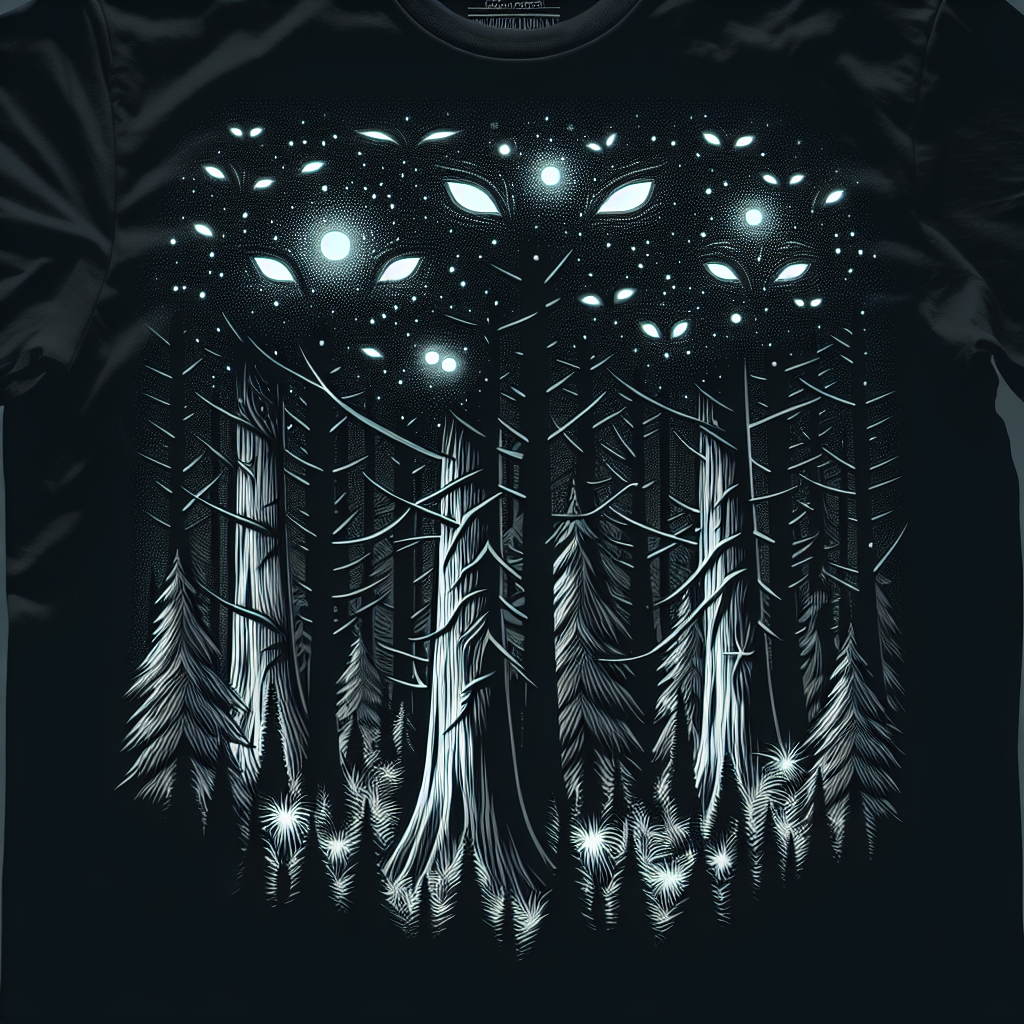 Night sky in a mystical forest design on a t-shirt