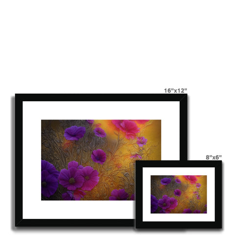 A colorful picture print printed on a frame with a black border with purple flowers.