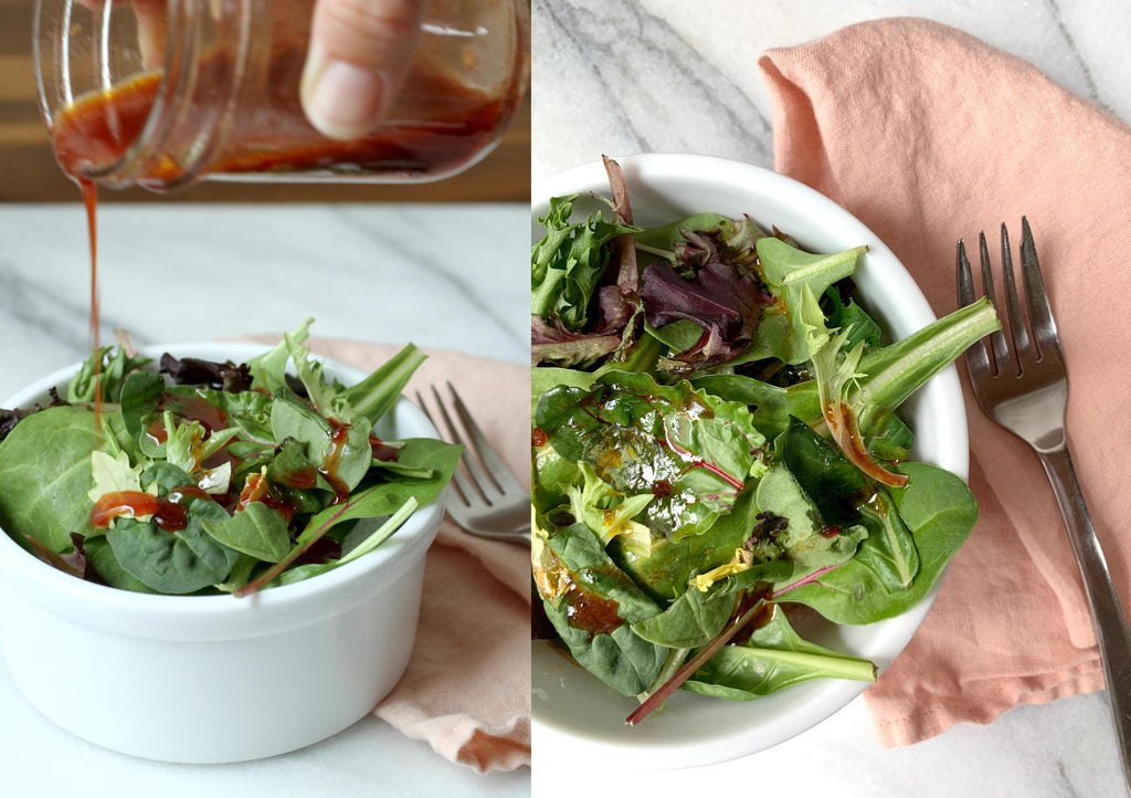 A composite image of two different angles of the finished salad dressing on a simple green salad.