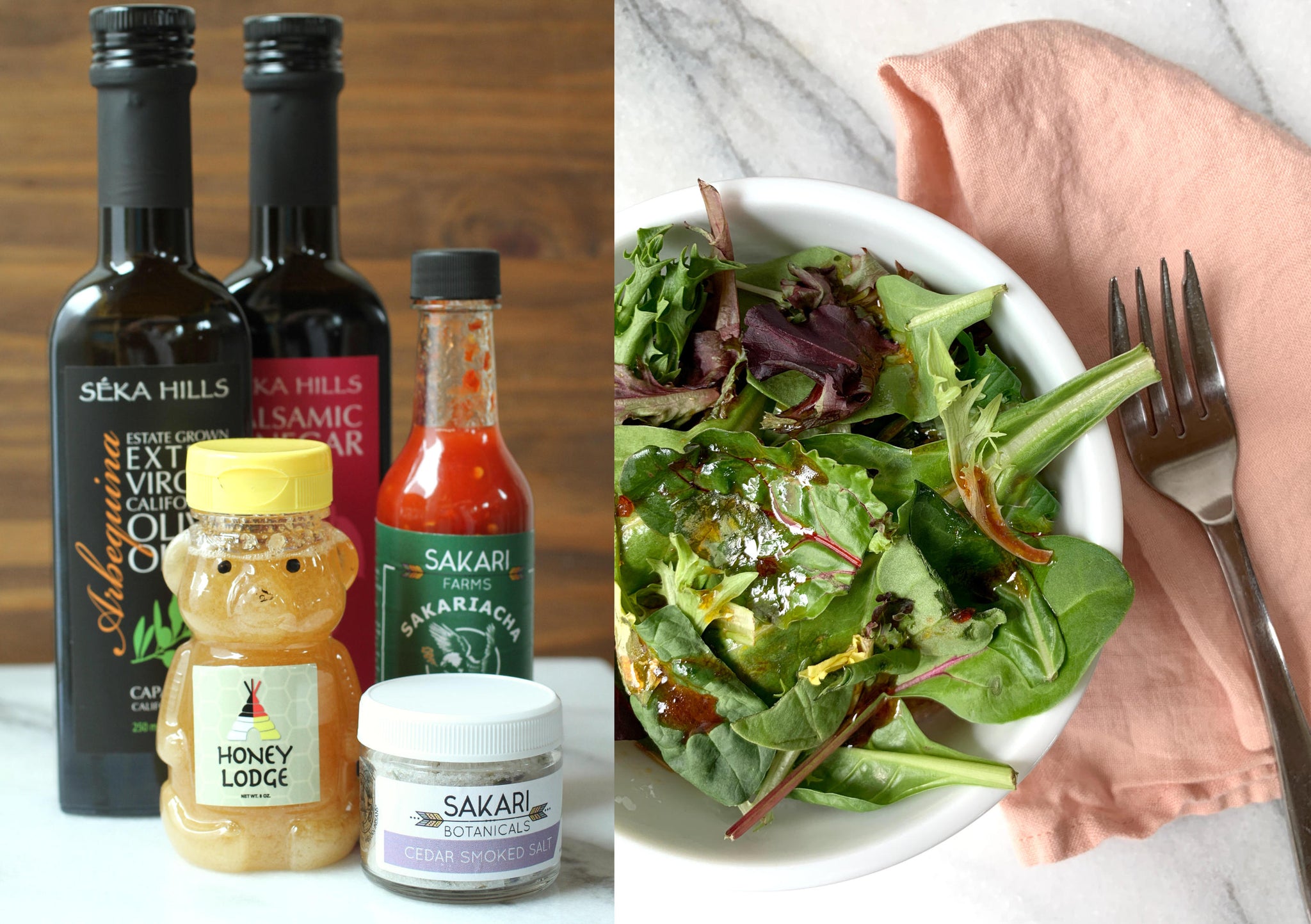 A composite image of the ingredients of the Sweet and Spicy Salad Dressing on the left with the finished product on a green salad on the right.