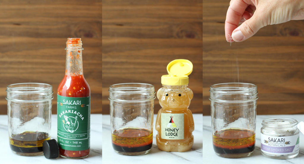 A composite image showing three of the ingredients of the salad dressing during the making.