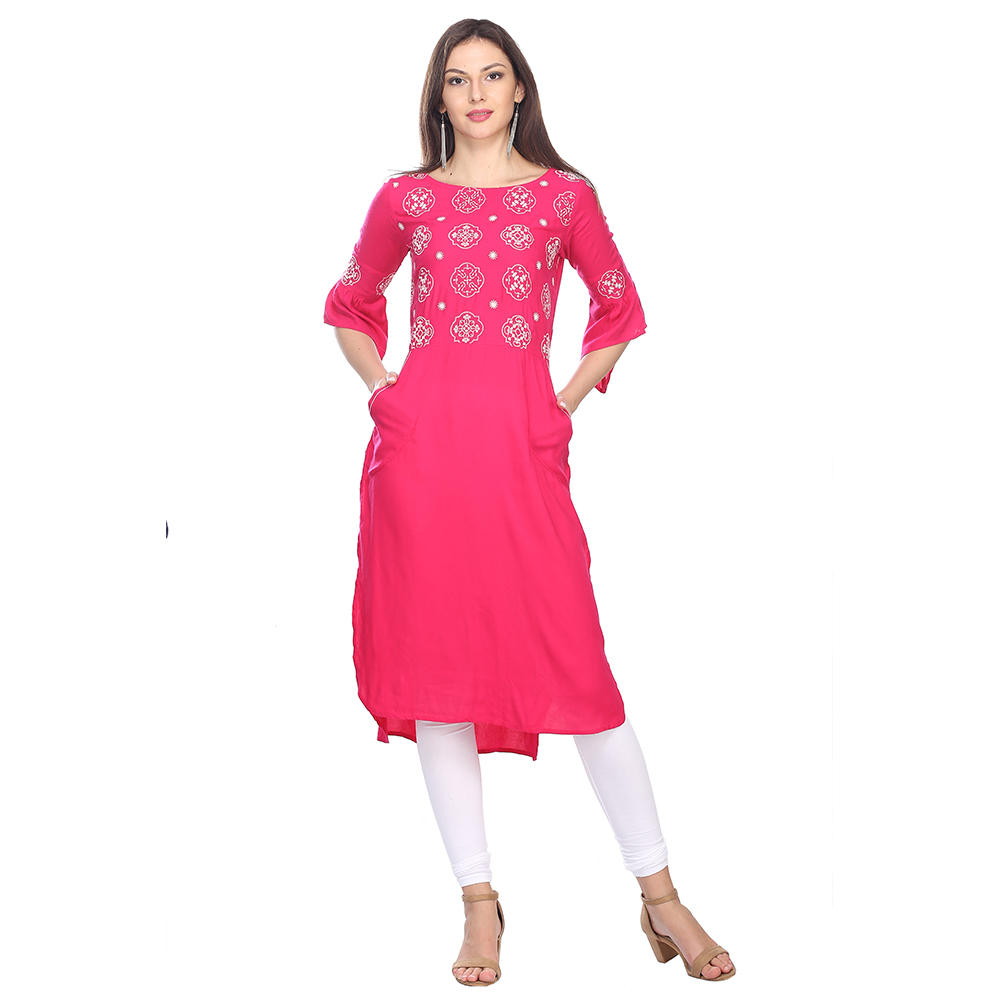 Rayon Round Neck Embroidery Straight Kurti For Women