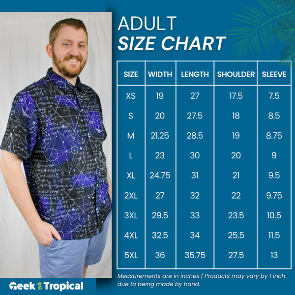 Geek Tropical Button Up Hawaiian Shirt Size Chart