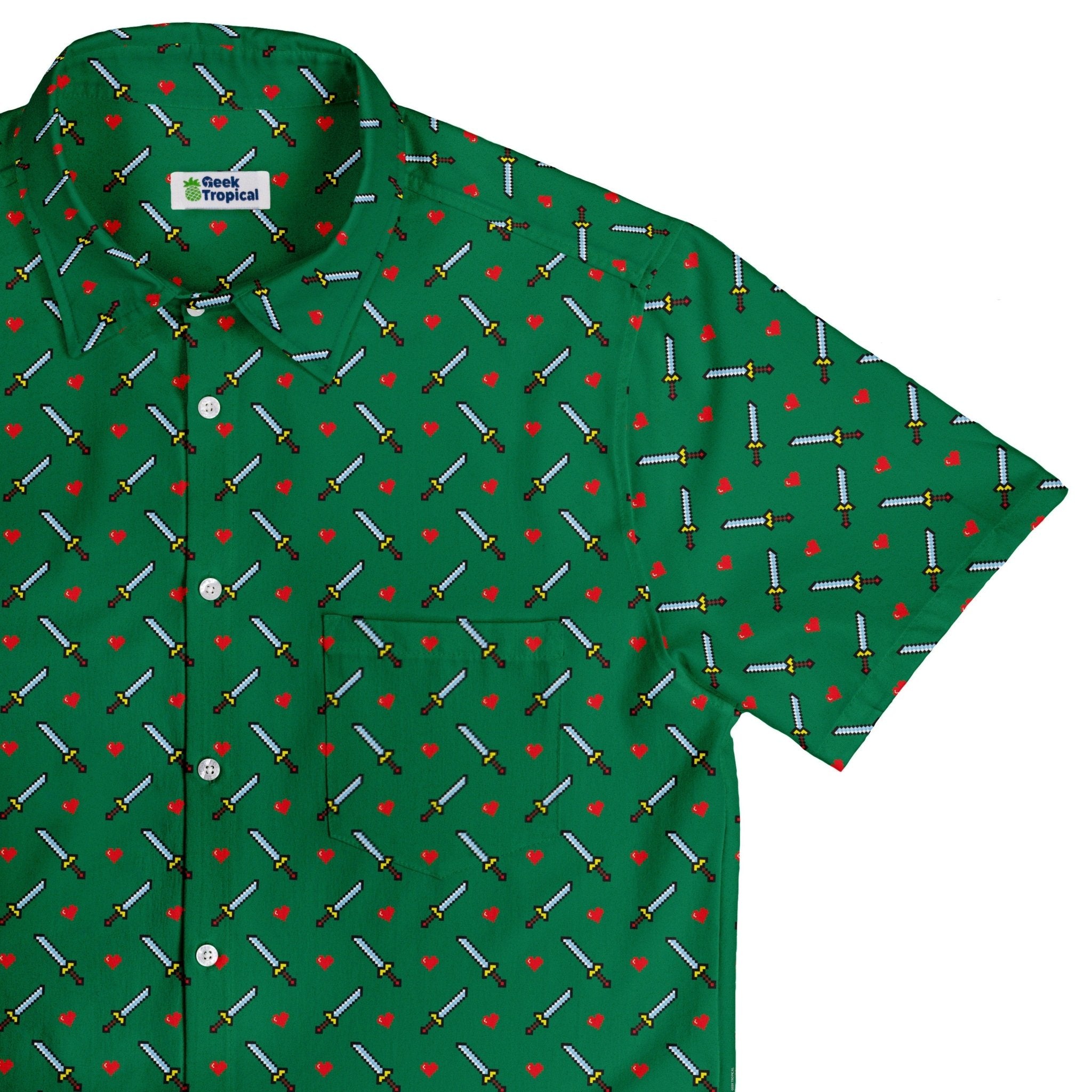 Sword and Hearts Video Game Green Button Up Shirt
