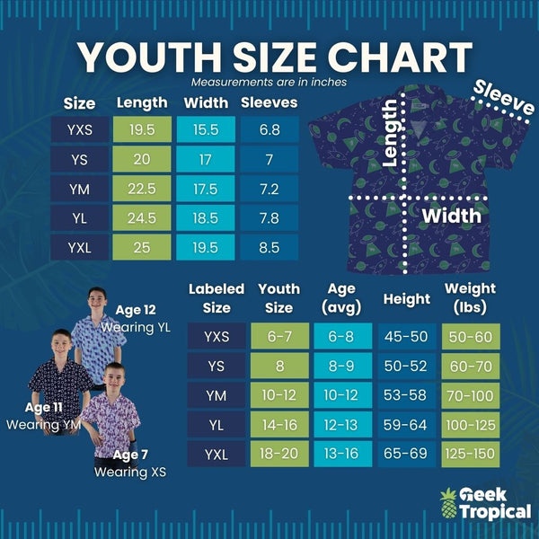 Geek Tropical Youth Kids Boys Girls Size Chart for Hawaiian Shirts