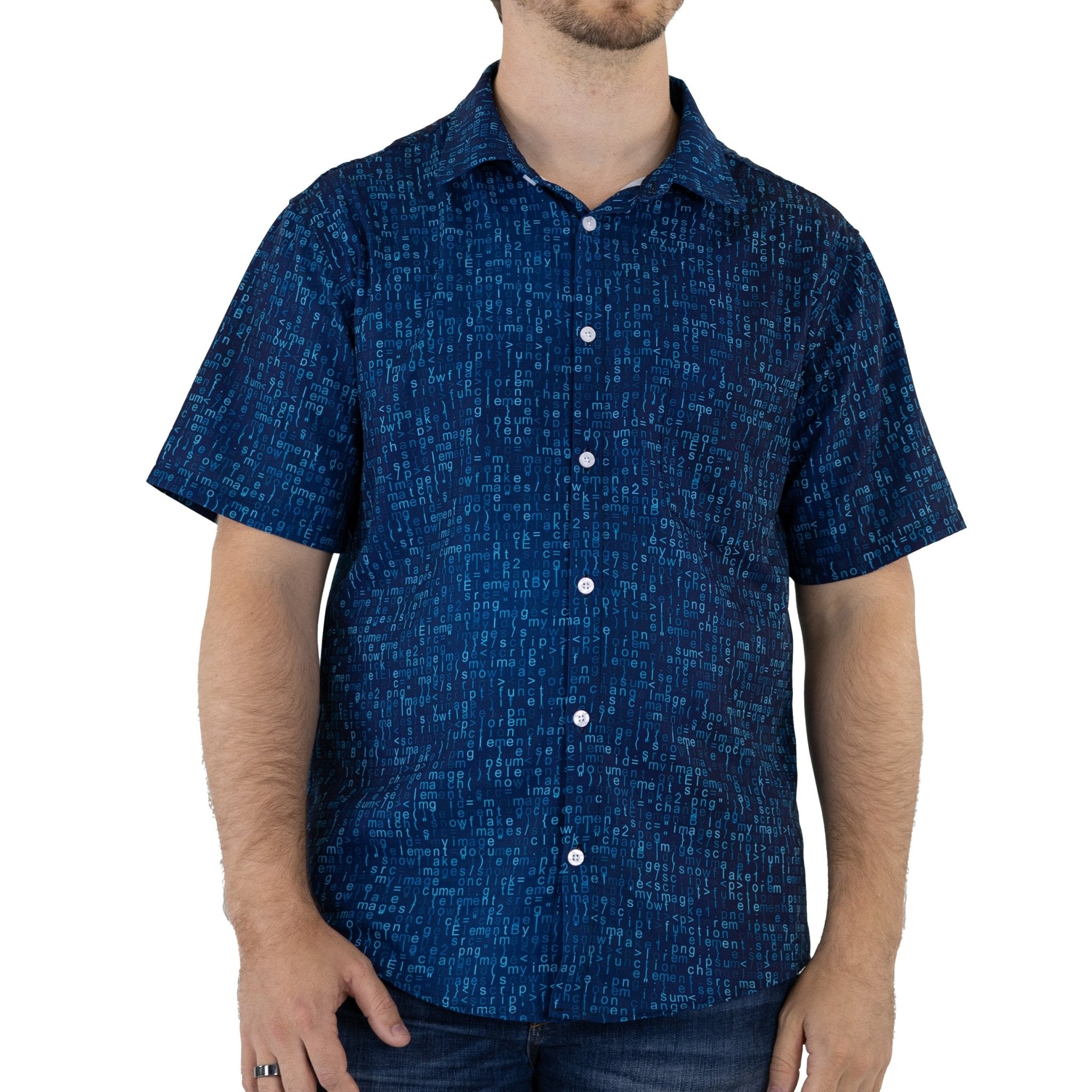 Ready-to-Ship Javascript Computer Code Blue Button Up Shirt