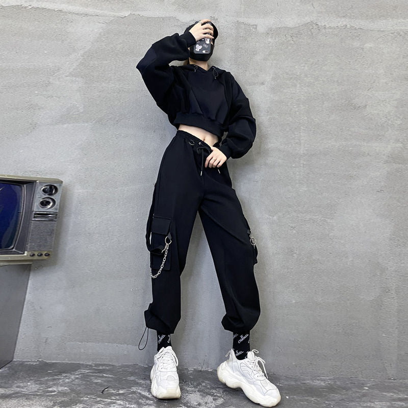 QWEEK Punk Oversized Cargo Pants Women Gothic Streetwear Black Chain H ...