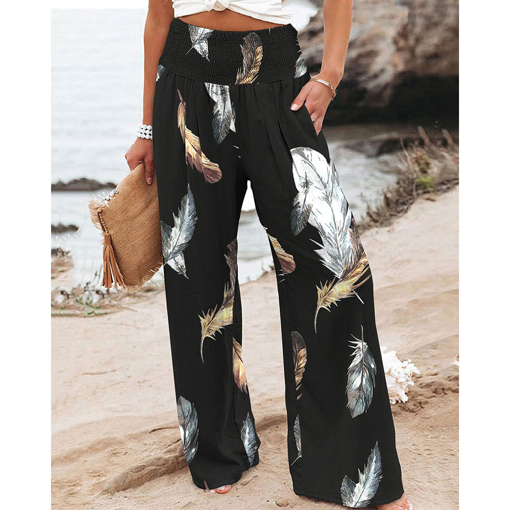 Ninimour Women Spring Summer Casual Loose Long Trousers Feather Print Pocket Design High Waist Wide Leg Pants Holiday Pants 2022
