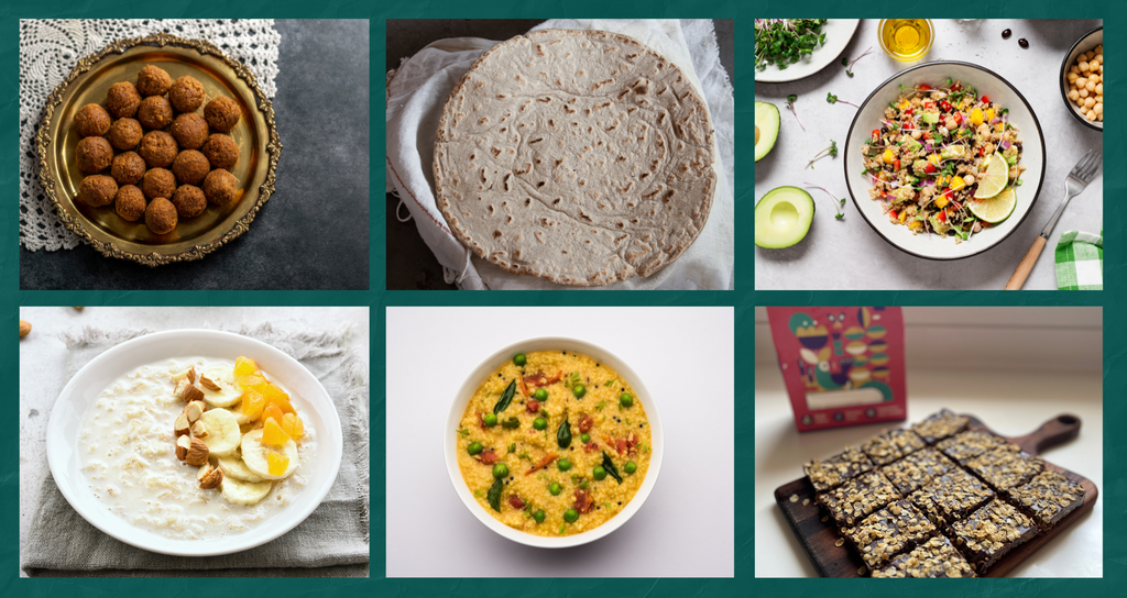 food items including laddoo, roti, cake, porridge made from millets