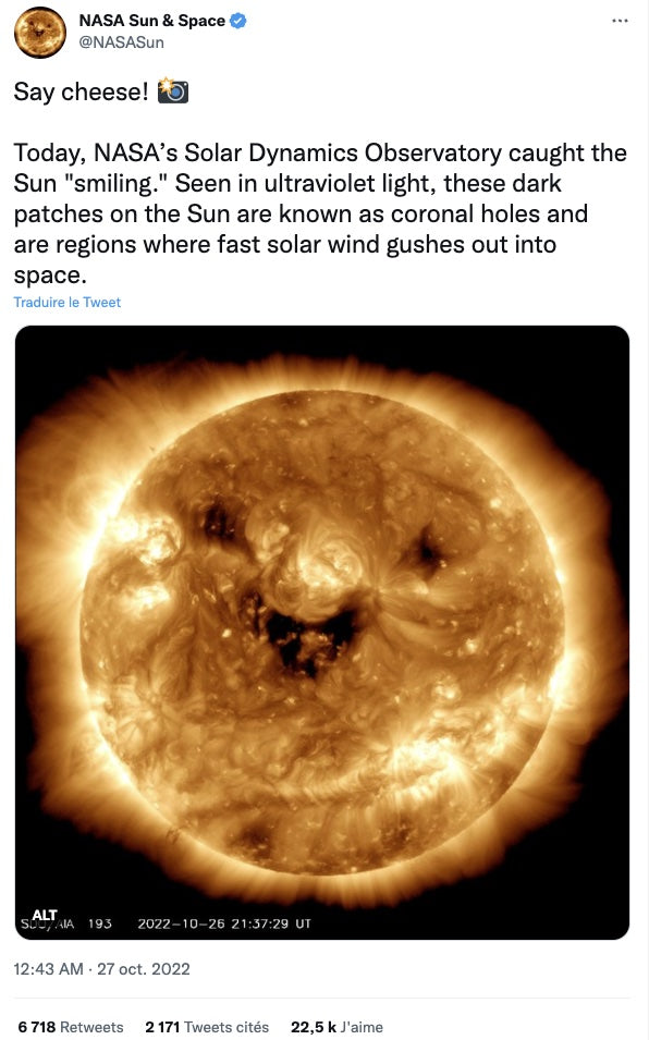 Tweet de la NASA sur Twitter pour le sourire du Soleil pris en photo