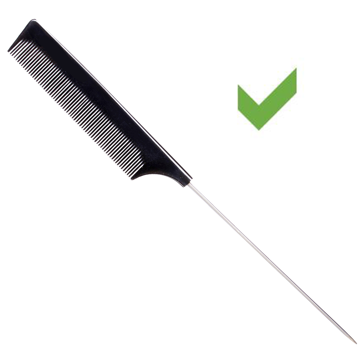 black plastic dreadlock removal tail comb with metal pick and green check mark