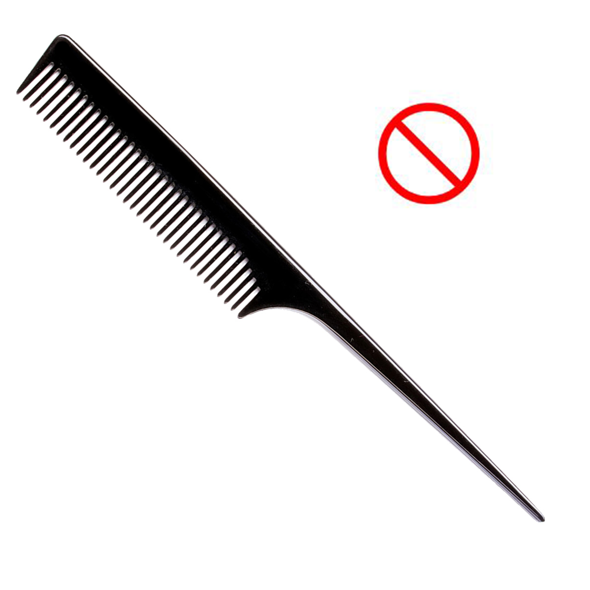 black plastic tail comb with plastic tapered pick and red circle with line through it