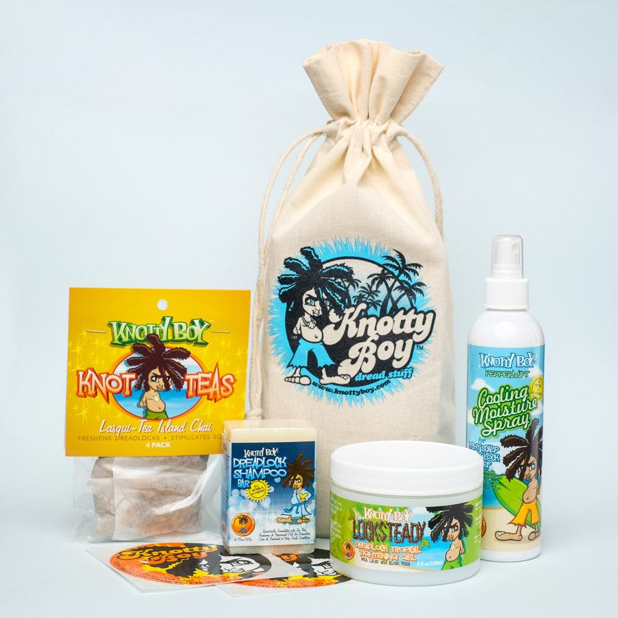 maintenance kit for new dreadlocks with 8 ounce tightening gel, 8 ounce peppermint cooling spray, shampoo bar, knot tea lasqui tea island chai, two round stickers, and natural cotton drawstring bag with blue logo