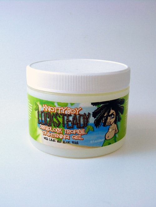 green and blue labelled 8 ounce jar of knotty boy locksteady tropical tightening gel