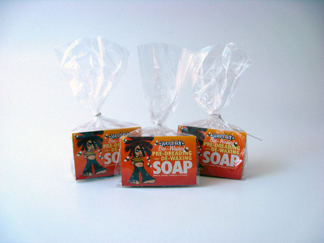 set of three knotty boy bee washed pre dreading and de waxing soap in cello bag with twist tie and orange insert