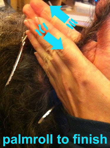 head of dreadlocks with two clasped palms showing reciprocating palm rolling motion