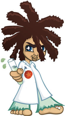 knotty boy mascot cartoon boy figure with oversized dreads and bare feet wearing a lab coat with a star holding a test tube