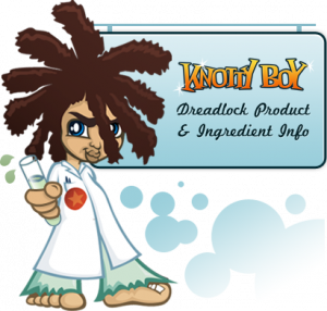 Knotty Boy mascot dressed as a doctor holding a test tube with the words Knotty Boy Dreadlock Product & Ingredient Info behind him
